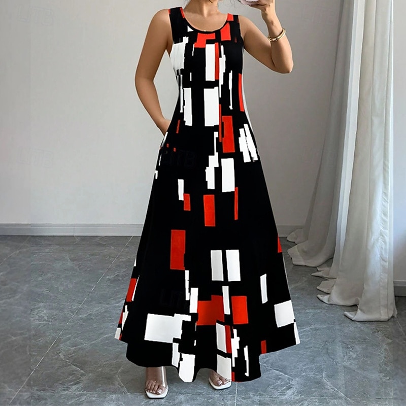 Women's Long Dress Maxi Dress Casual Dress Tank Dress Fashion Outdoor Party Holiday Regular Fit Geometric Sleeveless Crew Neck Black Red Green Summer2