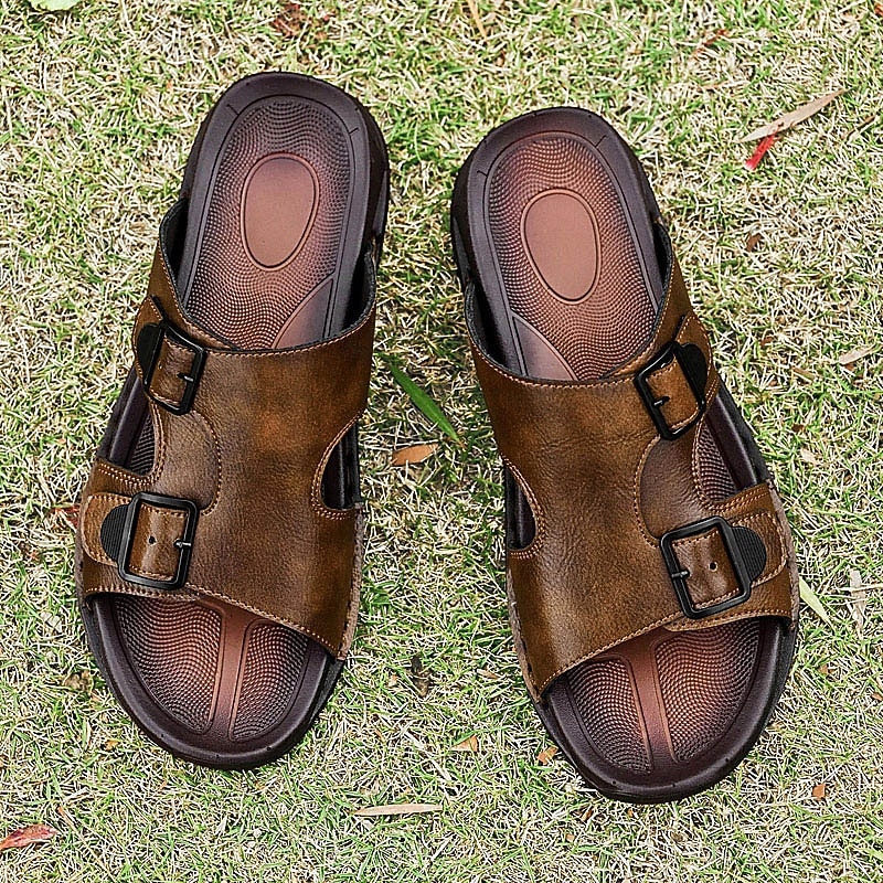 Men's Brown Buckled Faux Leather Slippers with Arch Support Anti-Slip Sole for Adults Suitable for Home Lounge Summer Streetwear Relaxed Day Outings3
