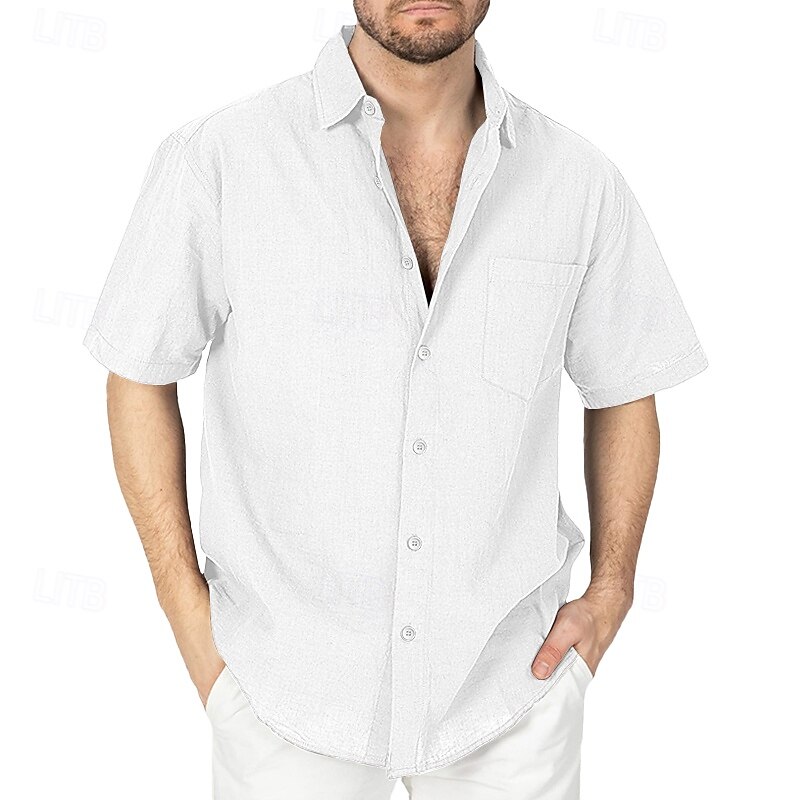 Men's Shirt Linen Shirt Summer Shirt Beach Wear Button Up Shirt Untucked Shirts Vacation Casual Black White Navy Blue Sky Blue Short Sleeves Turndown Summer Spring & Summer Clothing Apparel Pocket3