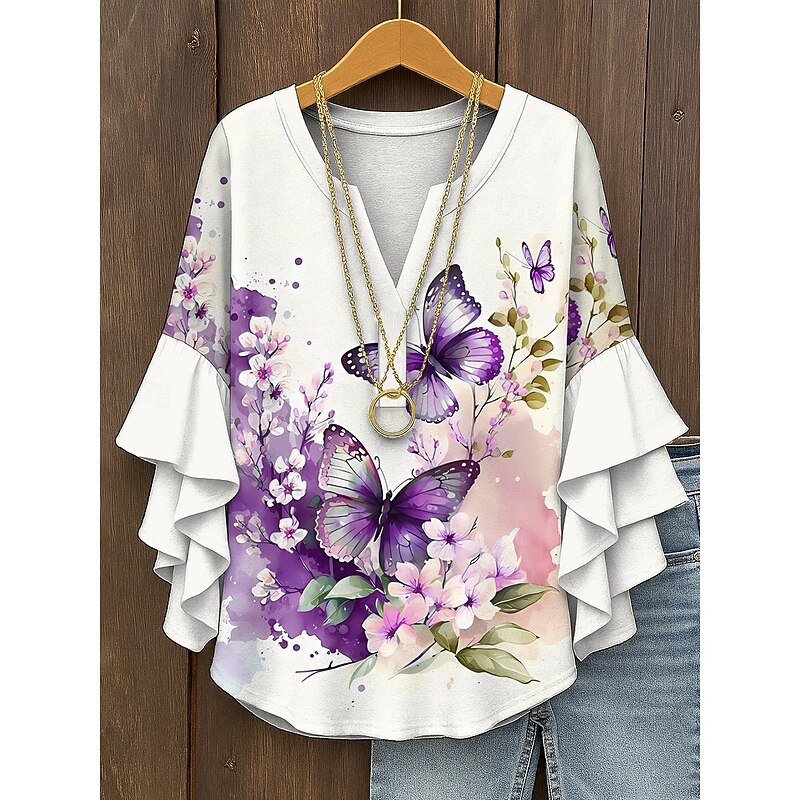 Women's Blouse V Neck Layered Ruffle Sleeve Tops Floral Graphic Butterfly Bohemia Vintage Tropical 3/4 Length Sleeve Regular Tops Daily Holiday Vacation Wear Print Yellow Red Blue Purple Green Summer
