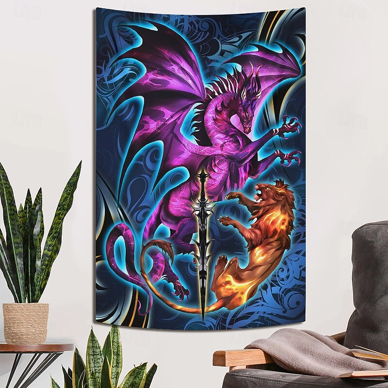Ruth Thompson Blacklight Tapestry Glow in the Dark Glow Party UV Reactive Trippy Misty Hanging Tapestry Wall Art Mural for Living Room Bedroom Dragonblade Lionblade HI REZ4