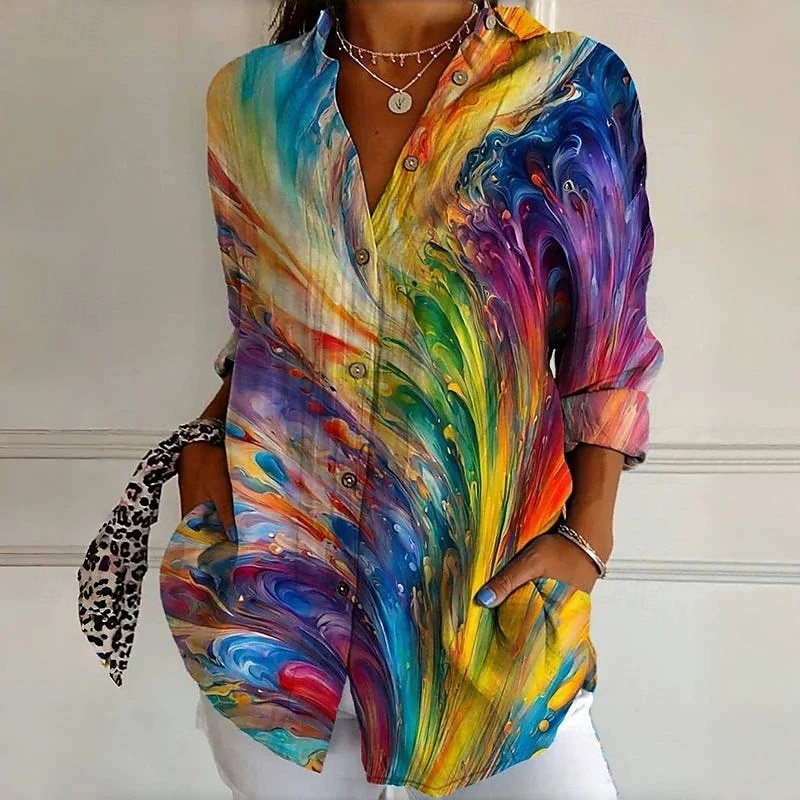 Women's Shirt Graphic Geometric Casual Boho Long Sleeve Shirt Collar Regular Tops Daily Going out Party Outfits Patchwork Buttons Print Rainbow Spring, Fall, Winter, Summer