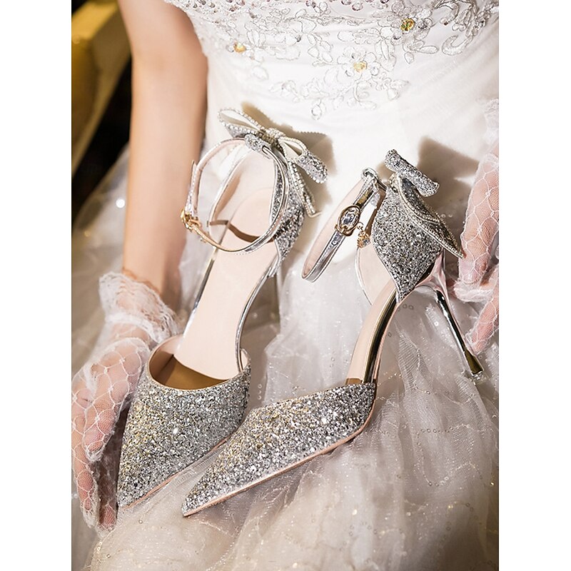 Women's Silver Glitter Bow Heels - Sparkly Pointed Toe Ankle Strap Wedding Shoes for Brides and Elegant Bridal Occasions3