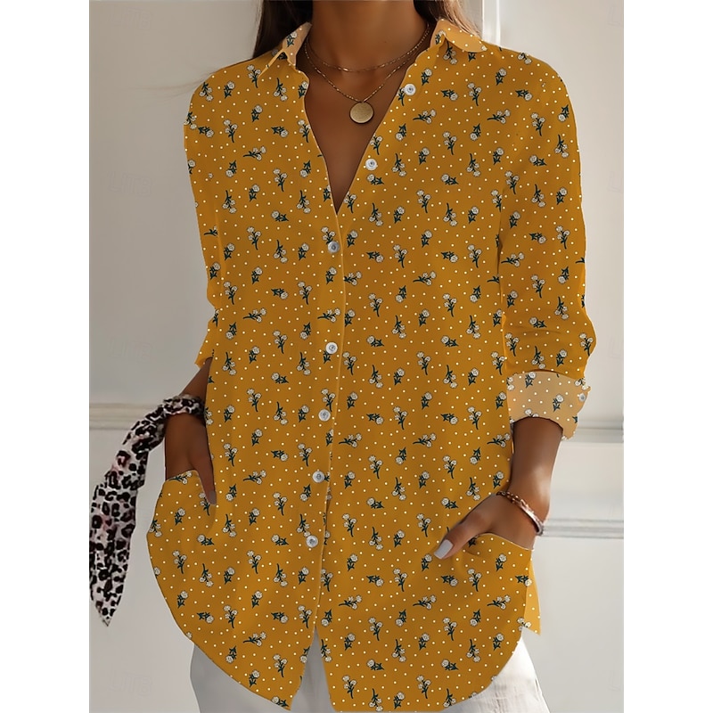 Women's Cotton Linen Shirts Floral Daily Casual Long Sleeve Shirt Collar Regular Tops Daily Holiday Buttons Print Yellow Red Navy Blue Summer