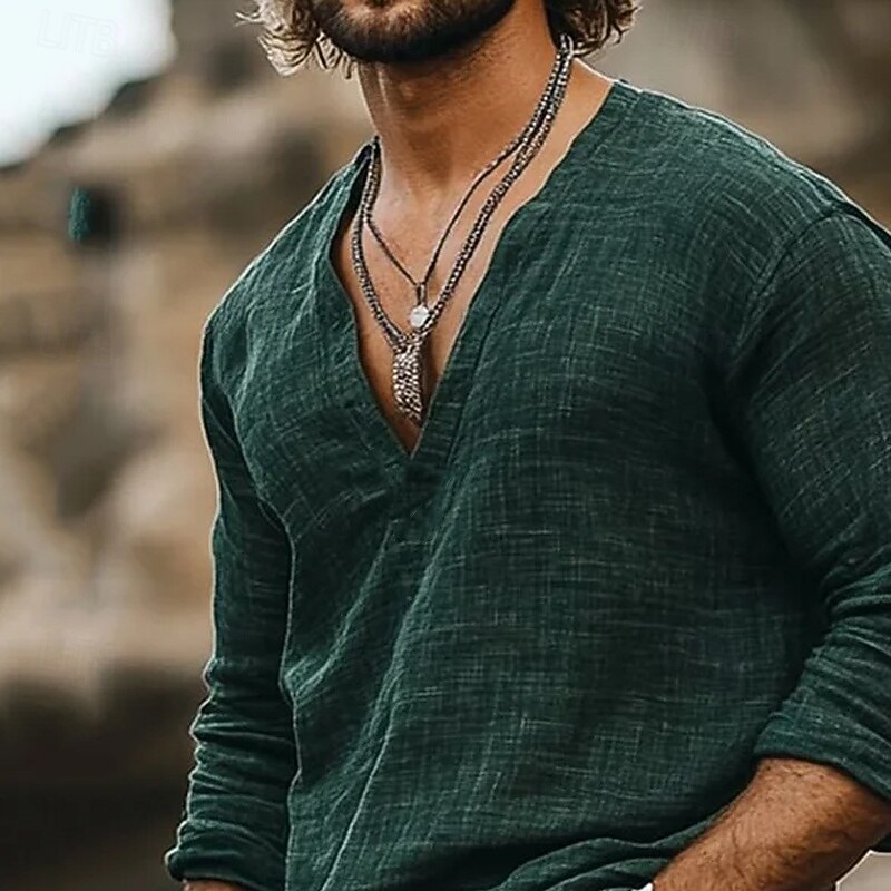 Men's Shirt Linen Shirt Popover Shirt Summer Shirt Beach Wear Line Vacation Street Brown Green Long Sleeve V Neck Summer Spring Clothing Apparel2