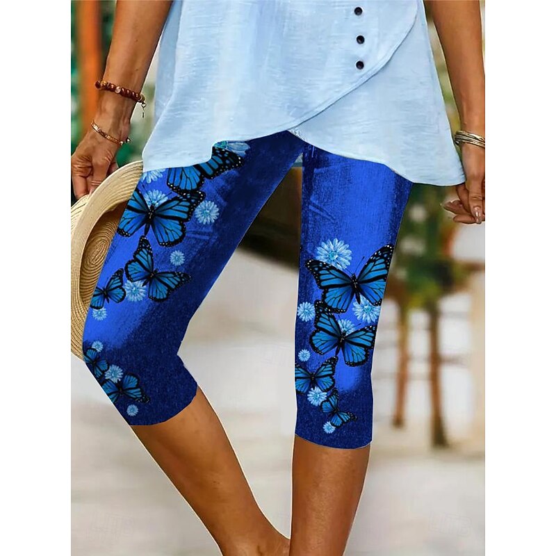 Women's Leggings Capri Pants High Elasticity Vacation Vintage Fashion Calf-Length Mid Waist Floral Graphic Butterfly Printing Breathable Soft Stretchy Vacation Casual Daily Deep Blue Summer Spring