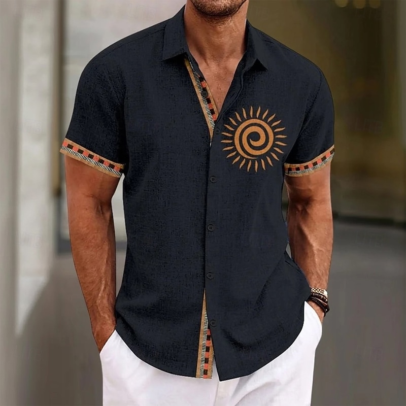 Men's Geometric Sun Ethic / African Shirt Button Up Shirt Short Sleeve Vintage Retro Vacation Dailywear Beach Wear Summer Spring Turndown 3D Print Linen Like Shirt Black