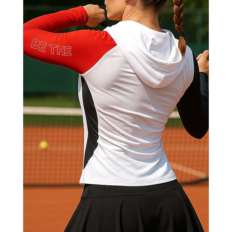 Women's Patchwork Tennis Top Long Sleeve Reflective Strip Sweat-Wicking Moisture Wicking Breathable Tennis Golf Pickleball Hooded White Red Tennis Clothing2