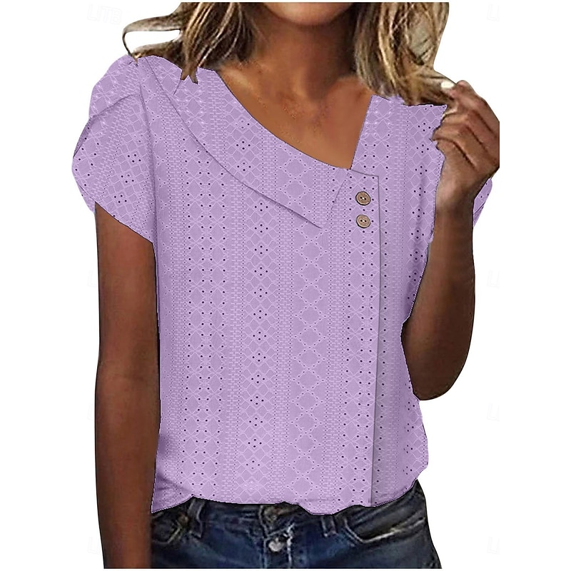 Women's T Shirt Solid Color Plain Fashion Stylish Modern Short Sleeve V Neck Regular Tops Daily Weekend Buttons Eyelet White Yellow Pink Blue Purple Summer4