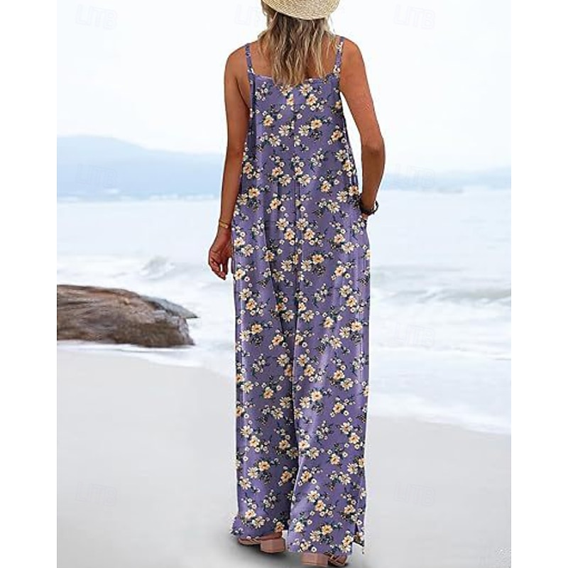 Women's Normal Jumpsuit Casual Floral Sleeveless U Neck Pocket Print Street Daily Regular Fit Blue Purple Fuchsia Summer4