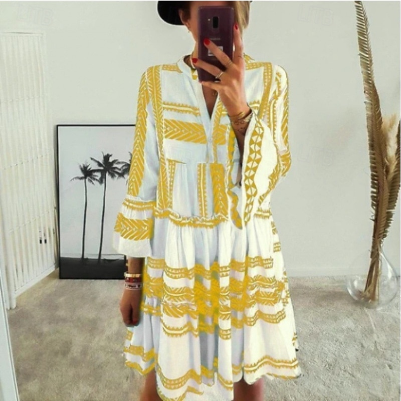 Women's Mini Dress Casual Dress Boho Dress Fashion Flare Cuff Sleeve Outdoor Party Holiday Regular Fit Line Long Sleeve Crew Neck Black Yellow Blue Summer3