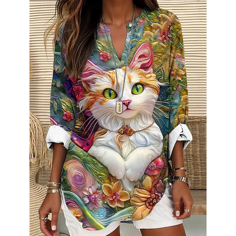 Women's Blouse Tunic V Neck Long Sleeve Boho Casual Summer Tops Graphic Cat Vintage Tropical Regular Tops Daily Wear Print Blue Green Beige