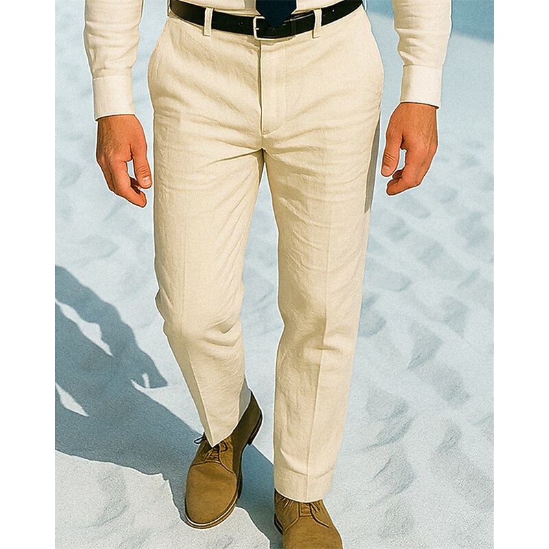 Men's Dress Pants Linen Pants Trousers Chinos Buttons Pocket Plain Comfort Formal Party Work Fashion Classic Style White Khaki Micro-elastic2