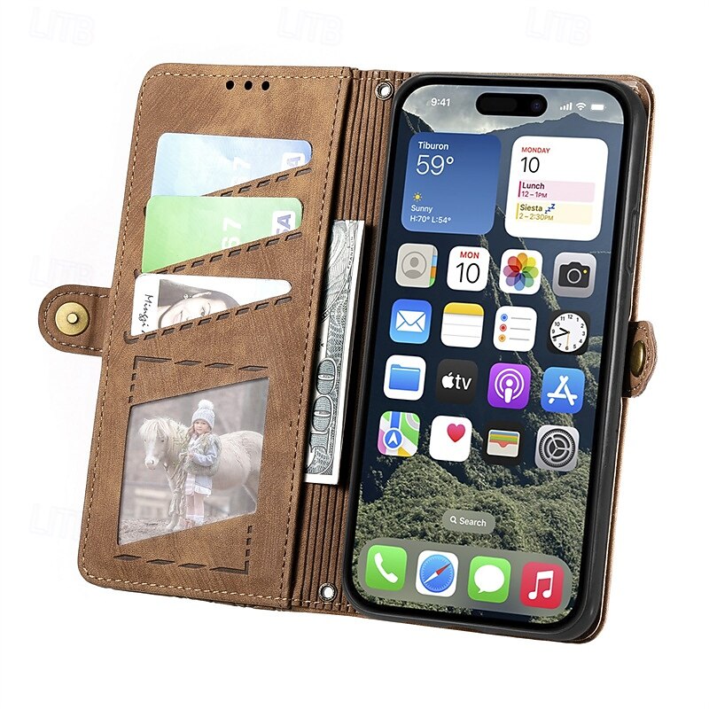 Phone Case For iPhone 16 15 14 Pro Max Plus 16e 13 12 11 Pro Max Wallet Case Flip Cover with Wrist Strap Shockproof Retro Geometric Pattern TPU PU Leather3