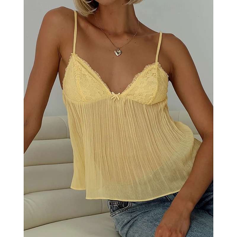 Women's Blouse Camisole Tank Top Plain Modern Casual Sleeveless Strap Regular Tops Daily Holiday Going out Lace Black White Yellow Pink Light Blue Summer