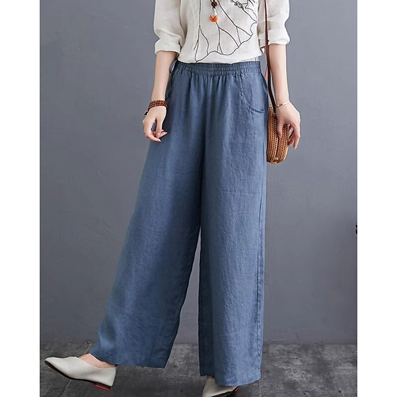 Women's Cotton Linen Pants Slacks Streetwear Casual Full Length Natural Plain Pocket Elastic Waist Outdoor Comfortable Daily Wear Going out Apricot Black Blue Purple Summer Regular Fit