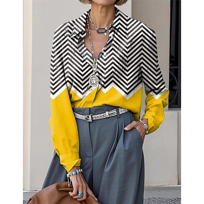 Women's Shirt Button Down Tunic Shirt Collar Long Sleeve Graphic Geometric Plaid Casual Regular Tops Work Daily s Print Yellow Red Blue Purple Rainbow Spring Fall4