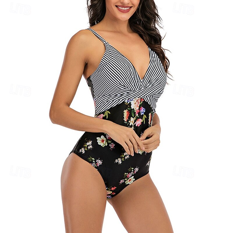 Women's One Piece Swimsuit Open Back Swimwear Floral Swimwear Black White Breathable Quick Dry Sleeveless - Swimming Surfing Snorkeling Summer4