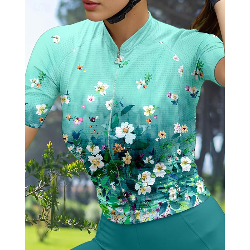 Women's Cycling Jersey Graphic Gradient Floral Botanical Short Sleeve Bike Jersey Top with 3 Rear Pockets Sunscreen UV Resistant Quick Dry Reflective Strips Sports Green Clothing Apparel3