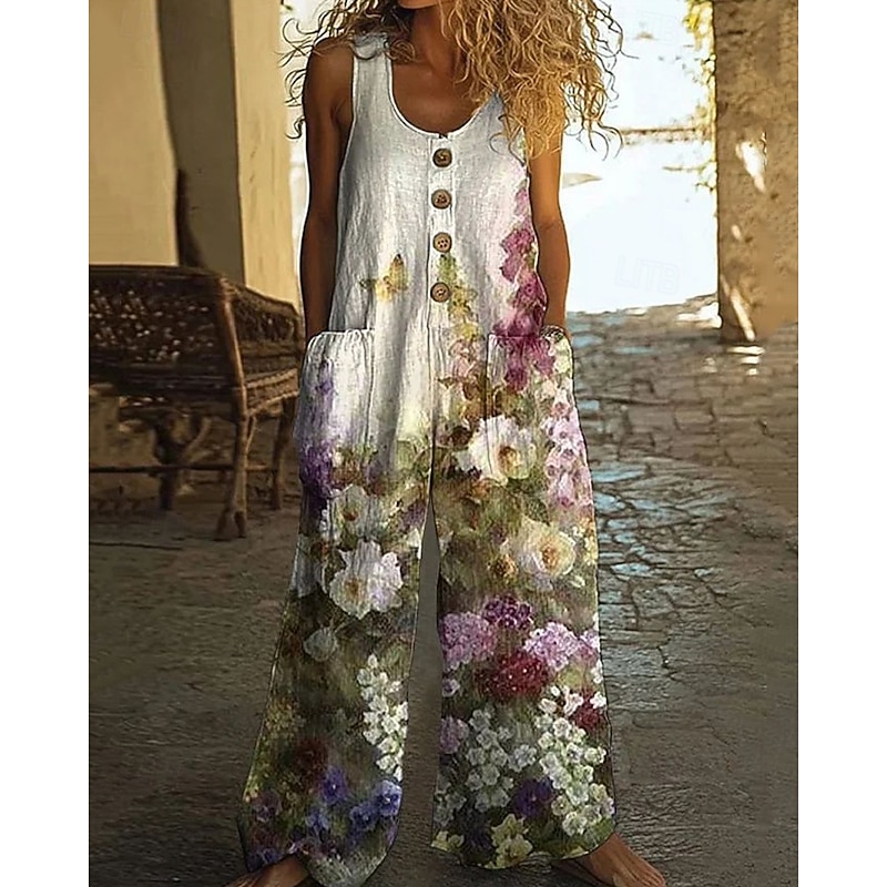 Women's Normal Cotton Linen Pants Stylish Floral Sleeveless Wide Leg U Neck Buttons Pocket Street Daily Regular Fit Green Summer