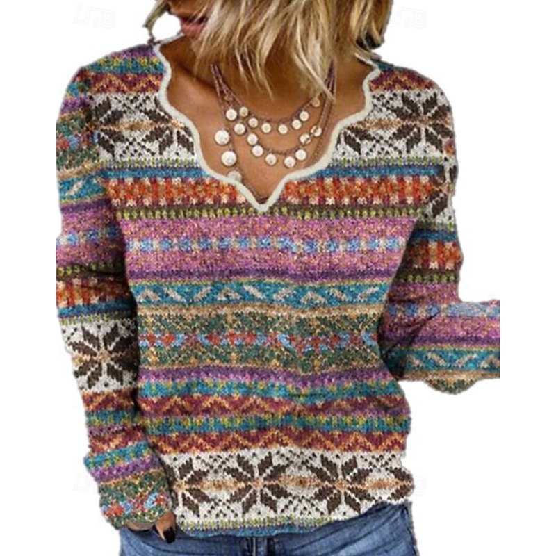 Women's Blouse Flower Modern Boho Long Sleeve V Neck Regular Tops Holiday Going out Print Blue Purple Orange Summer