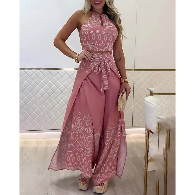 Women's Active Boho Blouse Pants Sets Sleeveless Halter Neck Floral Print Vacation Weekend Black Pink Red Summer Regular Fit4