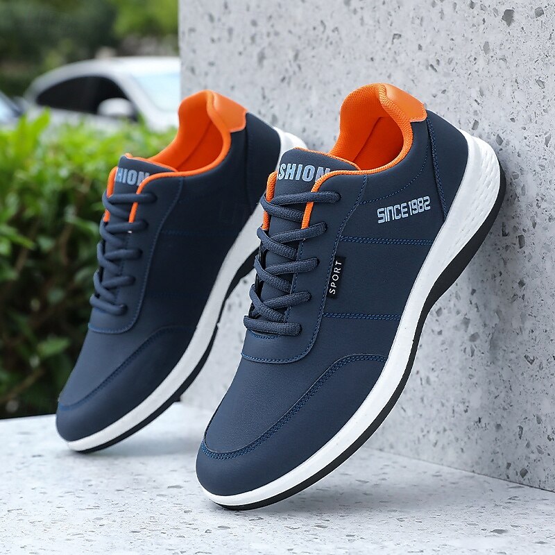 Men's Premium Navy Blue Faux Leather Sneakers with White Soles and Comfortable Lace-Up Design for Casual Everyday Wear3