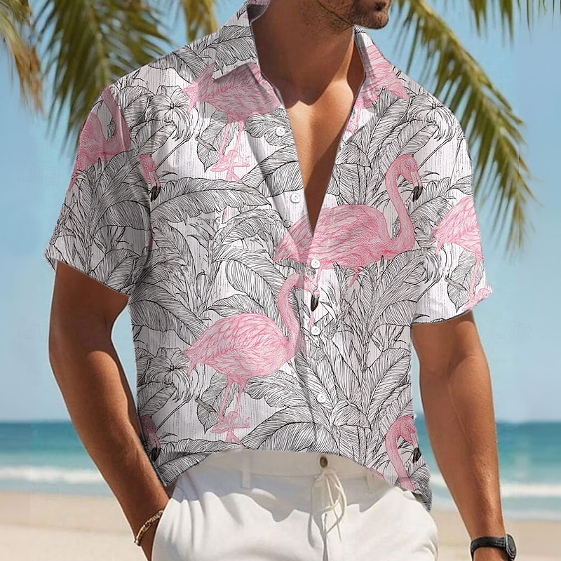 Men's Flamingo Bird Palm Leaf Shirt Summer Hawaiian Shirt Button Up Shirt Short Sleeve Hawaiian Resort Vacation Holiday Beach Wear Summer Spring Turndown 3D Print Collared Shirts Pink Blue Green