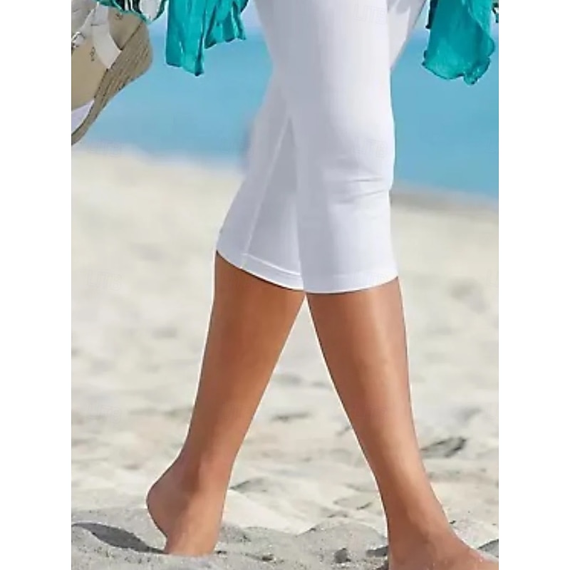 Women's Leggings Capri Pants High Elasticity Vacation Vintage Fashion Calf-Length Mid Waist Solid Color Printing Breathable Soft  Vacation Casual Daily White Summer Spring Regular Fit3