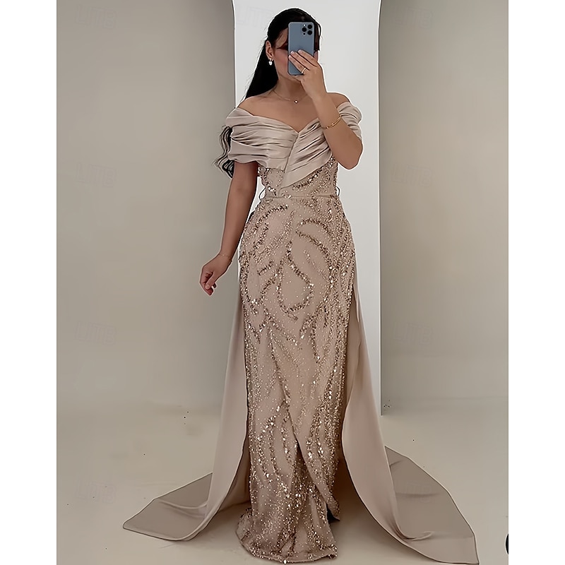 A-Line Evening Gown Elegant Dress Formal Wedding Floor Length Short Sleeve Off Shoulder Satin with Glitter Ruched Crystals
