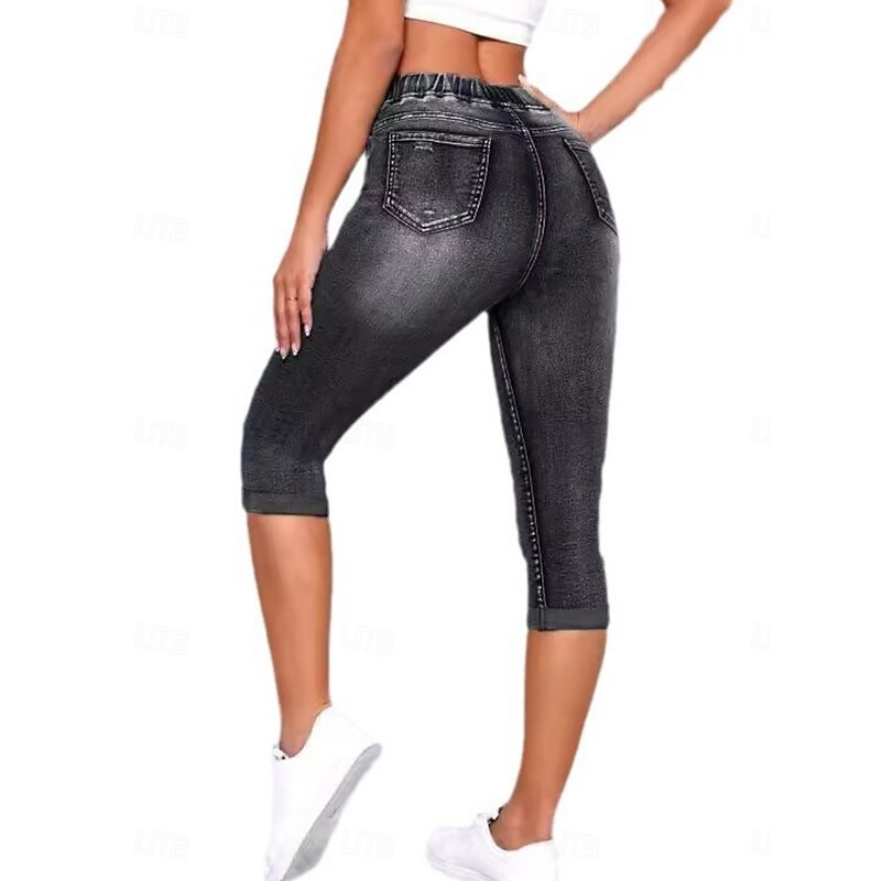 Women's Leggings Capri Pants 3D Print Vacation Casual Tights Calf-Length High Waist Solid Color High Cut Comfort Breathable Quick Dry Stretchy Outdoor Street Daily Black Blue Summer Slim Fit2