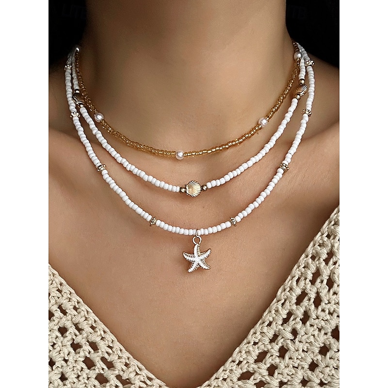 Women's beach style layered necklace bracelet anklet set with starfish and shell charms, Gold and white beaded design, Suitable for summer vacation, Casual and bohemian style2