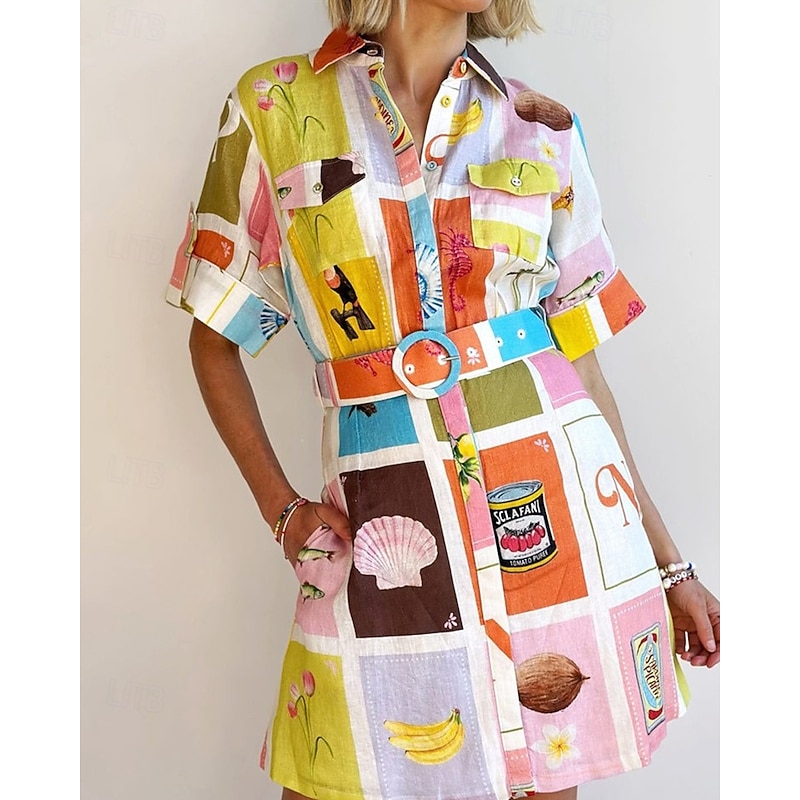 Women's Mini Dress Cotton Linen Dresses Casual Dress Fashion Outdoor Party Holiday Regular Fit Color Block Short Sleeve Shirt Collar Yellow Summer