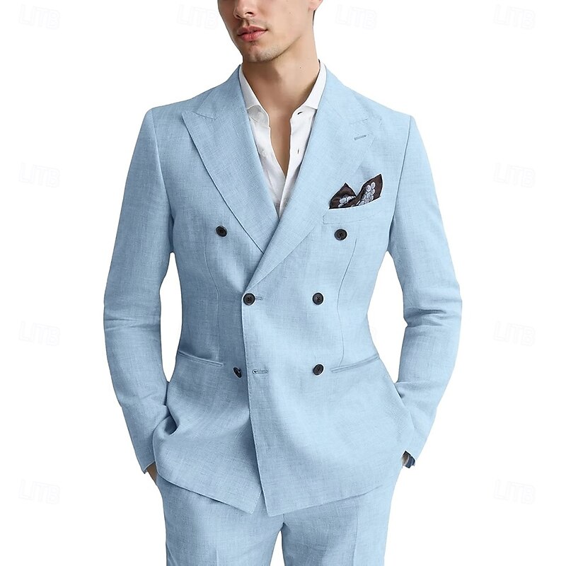 Men's Wedding Business Suits Sky Blue Beige Summer Formal Workwear Solid Colored Standard Fit 2 Piece Double Breasted Six-buttons4