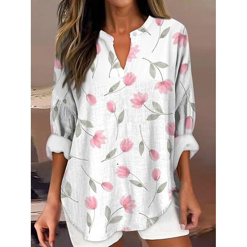 Women's Boho Shirt Floral Graphic Bohemia Daily Casual Long Sleeve V Neck Regular Tops Daily Holiday Going out Patchwork Print White Yellow Wine Navy Blue Dusty Blue Spring, Fall, Winter, Summer3