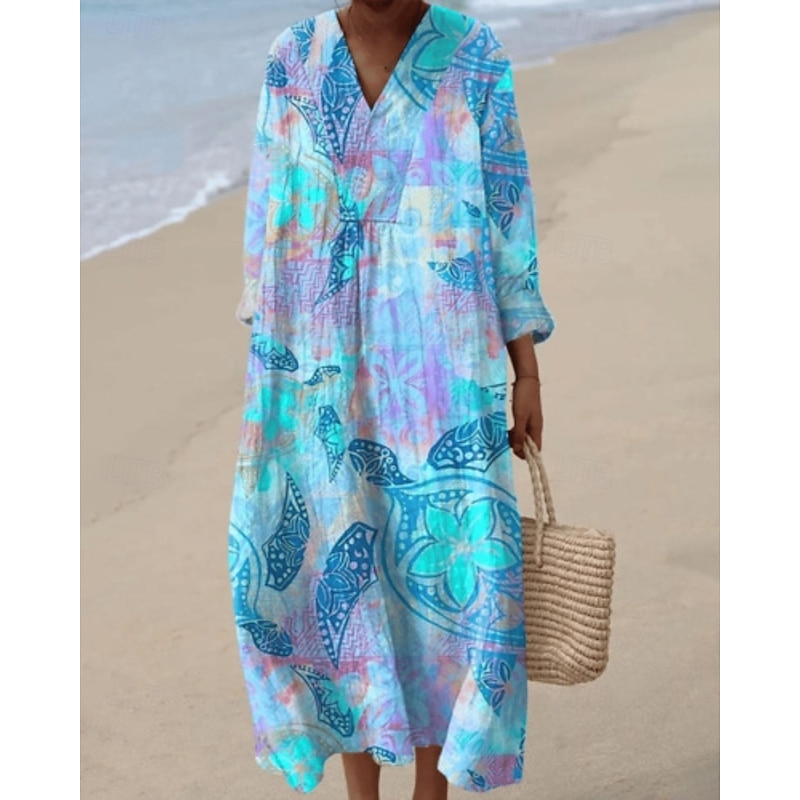 Women's Midi Dress Casual Dress Floral Dress Fashion Classic Modern Outdoor Vacation Holiday Regular Fit Flower Long Sleeve V Neck Blue Green Light Blue Summer