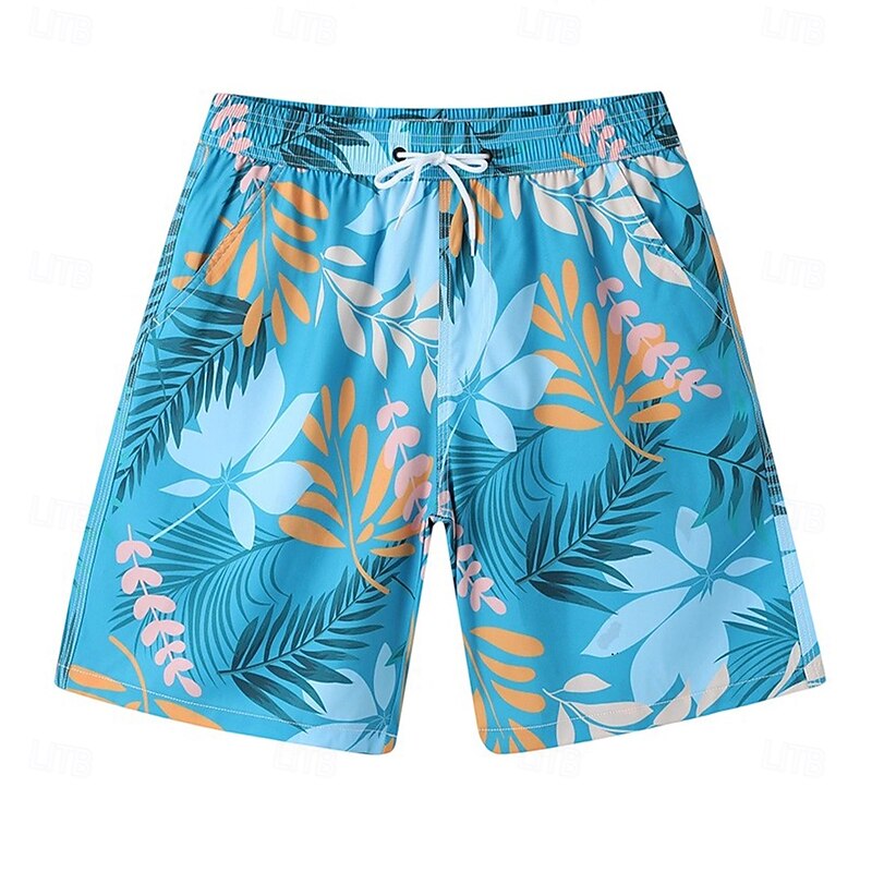 Men's Shorts Beach Shorts Drawstring Graphic Leaf Animal Quick Dry Outdoor Knee Length Outdoor Vacation Home Vacation Ethnic Style Lake blue ArmyGreen Stretchy2