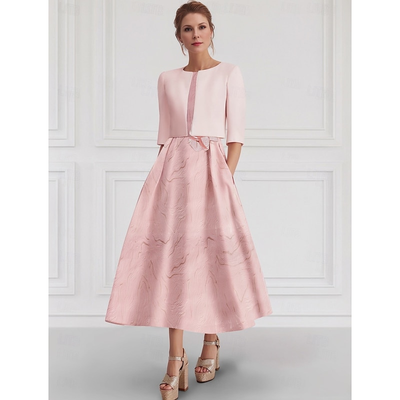 Jacquard Dress 2 Pieces Mother of the Bride A-Line Cocktail Dresses Elegant Dress Formal Semi Formal Dress Wedding Tea Length Sleeveless Square Neck Stretch Crepe with Jacket