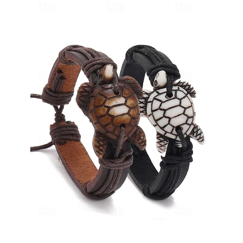 Men's Vintage Leather Turtle Bracelet - Adjustable Wrist Strap for Beach, Summer and Casual Wear