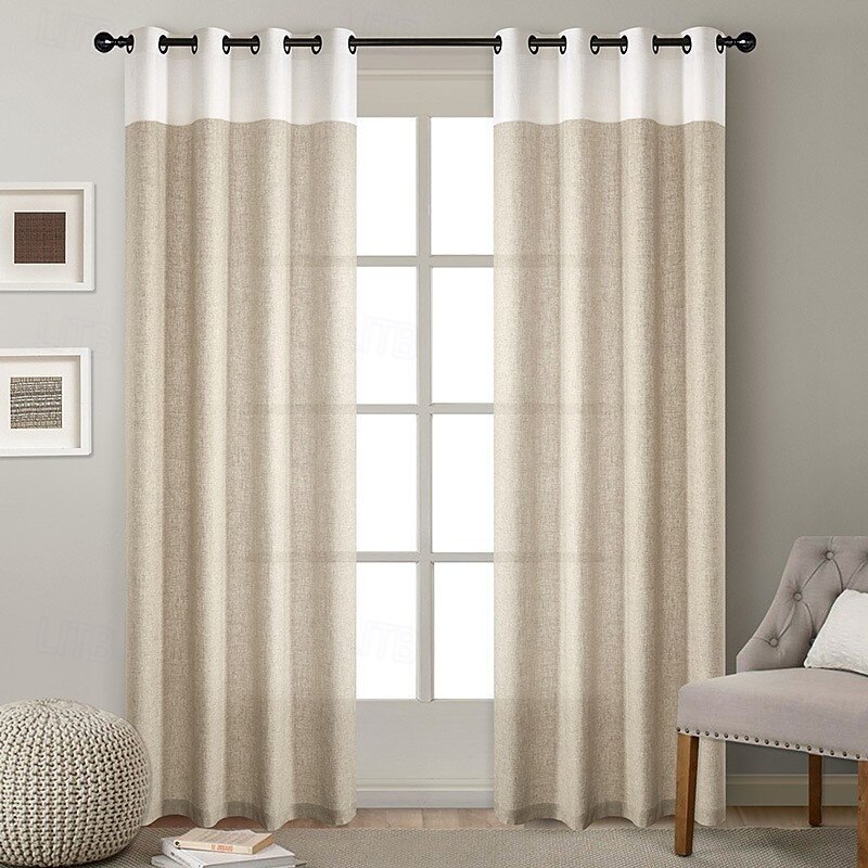 Linen Semi-Blackout Patchwork Curtains,Window Curtain Panels Lightweight Airy Gauzy Linen Window Treatments with Eyelet,Light Filtering for Bedroom, Living Room