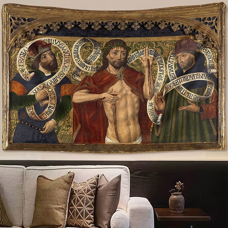 Medieval Tapestry Middle Age Tapestry Religious Art Large Tapestry Mural Decor Photograph Backdrop Home Bedroom Living Room Decoration Christ of Mercy between the Prophets David and Jeremiah2