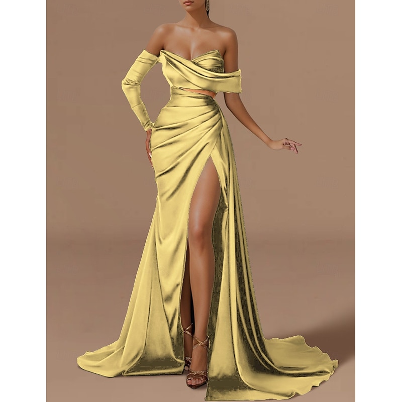 Gold Mermaid Evening Gown Sexy Dress Formal Wedding Guest Sweep / Brush Train Sleeveless Off Shoulder Satin with Ruched Slit4