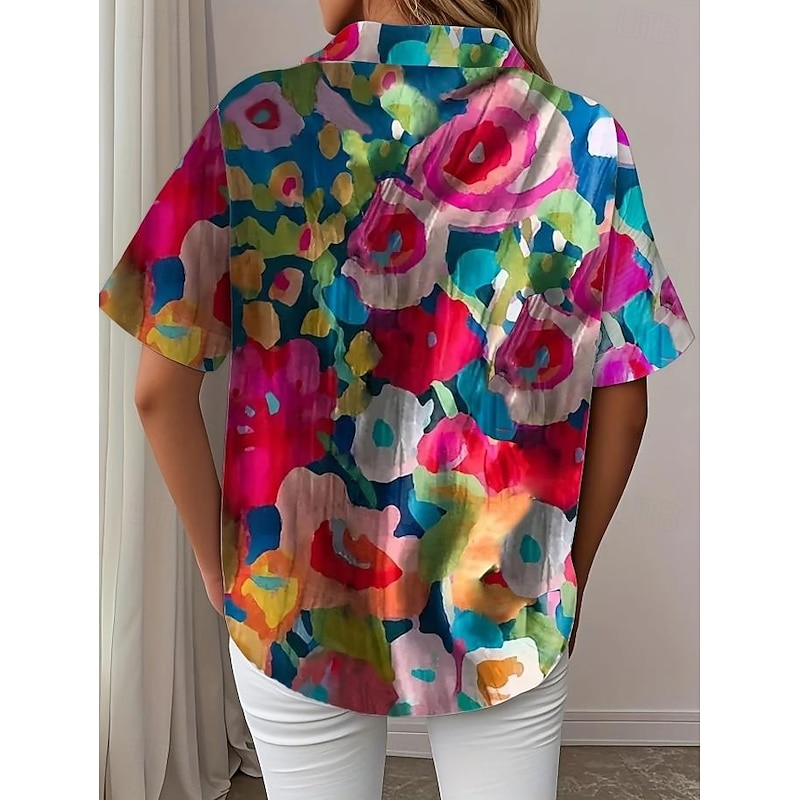 Women's Shirt Long Sleeve Button Down Blouse Floral Graphic Active Daily Stylish Short Sleeve Shirt Collar Regular Tops Daily White Red Fuchsia Summer Spring4