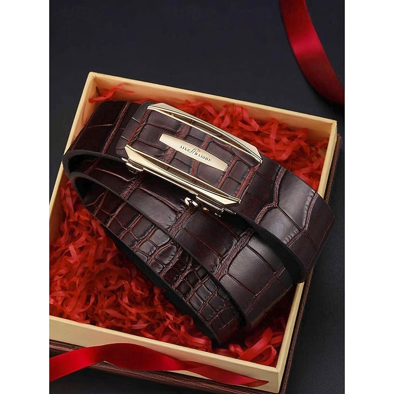 Men's Genuine Leather Ratchet Dress Belt with Automatic Buckle - Classic Crocodile Pattern, Elegant Style, Suitable for Weddings, Business and Formal Occasions