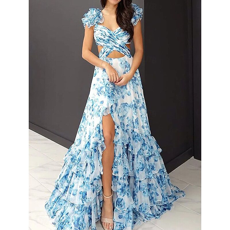 Women's Long Dress Maxi Dress Swing Dress Summer Dress Print Dress Elegant Fashion Mature Cap Sleeve Holiday Date Spring Dress Regular Fit Floral Short Sleeve Turtleneck Blue Summer Spring4