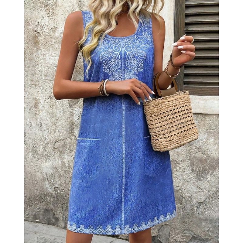 Women's Mini Dress Boho Dress Print Dress Fashion Modern Vacation Daily Holiday Regular Fit Flower Sleeveless U Neck Royal Blue Summer3
