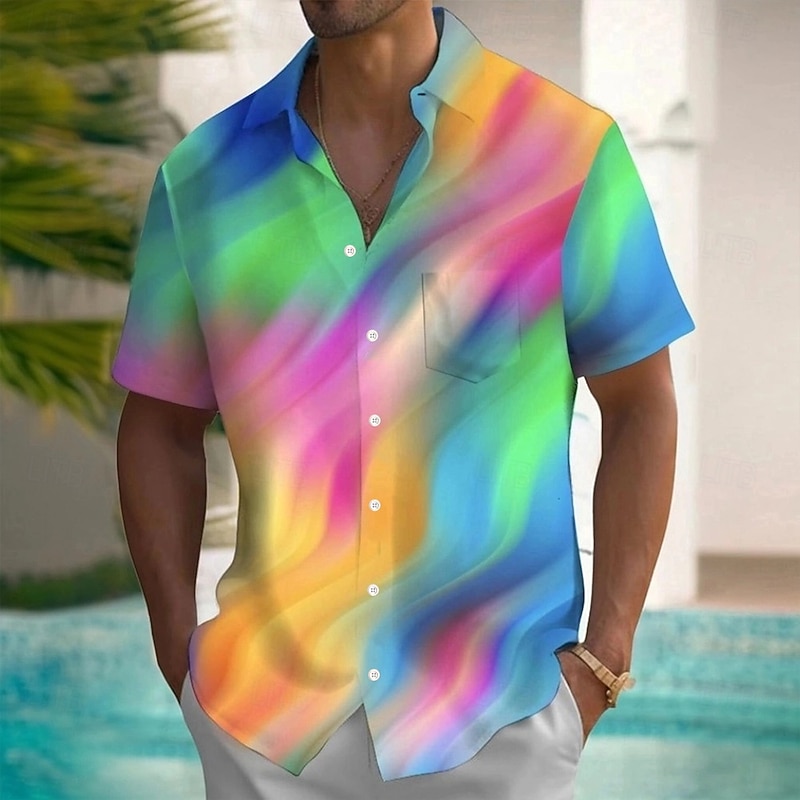 Men's Rainbow LGBT Pride Shirt Summer Shirt Button Up Shirt Short Sleeve Fashion Casual Holiday Streetwear Summer Spring Turndown 3D Print Collared Shirts Front One Pocket Black Rainbow