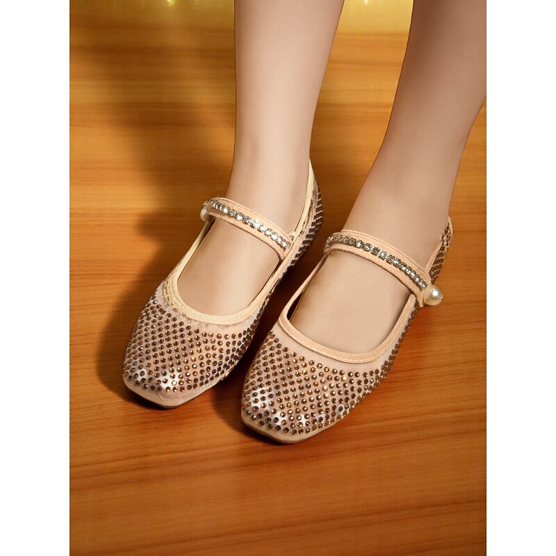 Women's Beige Mary Jane Flats with Rhinestone Detailing and Pearl Accent, Comfortable and Stylish, Perfect for Casual Date Nights3