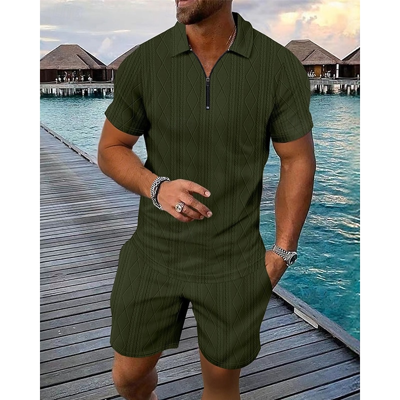 Men's Quarter Zip Polo Golf Shirt Daily Holiday Lapel Short Sleeve Fashion Basic Plain 2 Piece Jacquard Summer Regular Fit Black White Blue Khaki Army Green Gray Quarter Zip Polo4