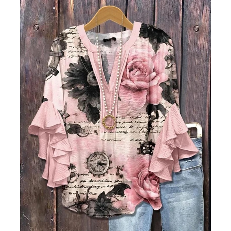 Women's Blouse V Neck Layered Ruffle Sleeve Tops Floral Graphic Bohemia Vintage Daily 3/4 Length Sleeve Regular Tops Daily Holiday Vacation Wear Print Pink Red Blue Sky Blue Orange Summer Spring Fall4